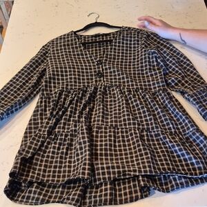 Zara Black and Cream Plaid Peplum Tunic Dress
